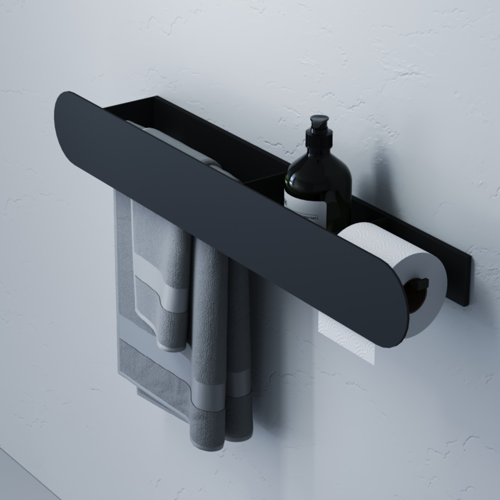 Полка для хранения с бумагодержателем и штангой для полотенца Tezza Tre Disco 70 см (черный), бумагодержатель справа
