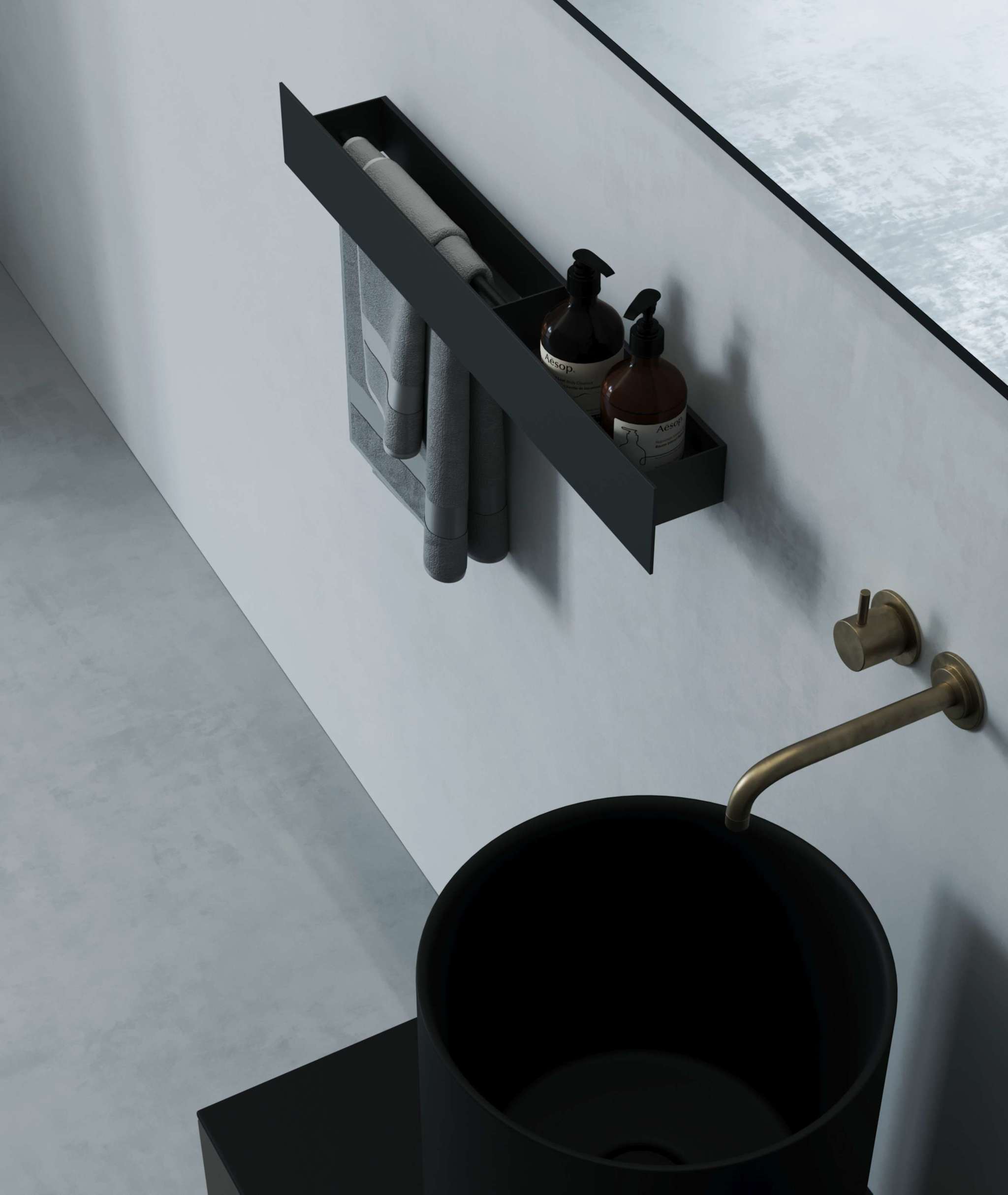 Полка со штангой Tezza Дуэ 70 см (черный), полотенце слева