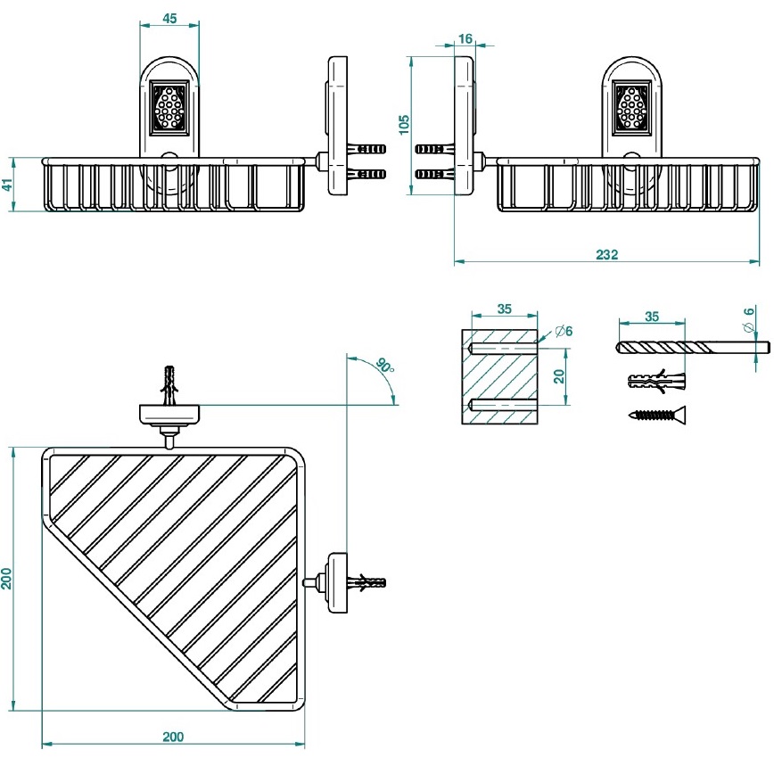 Полочка подвесная металлическая 20x20 THG Oceania A2C-A02-3623 (хром, прозрачный хрусталь), угловая