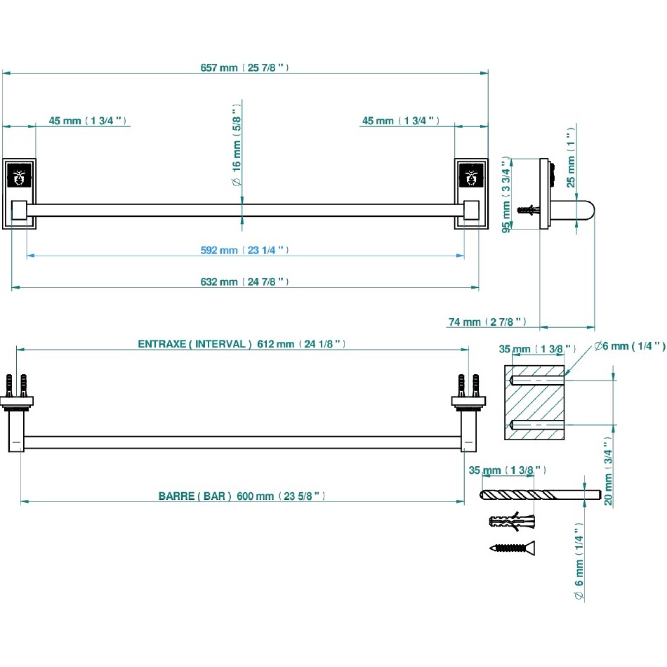 Полотенцедержатель 60 см. THG Masque de Femme metal lisse A2U-A02-514/60 (хром)