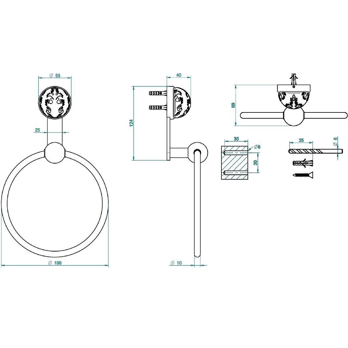 Полотенцедержатель кольцо 18см THG Flore U5A-A02-504N (хром, хрусталь)