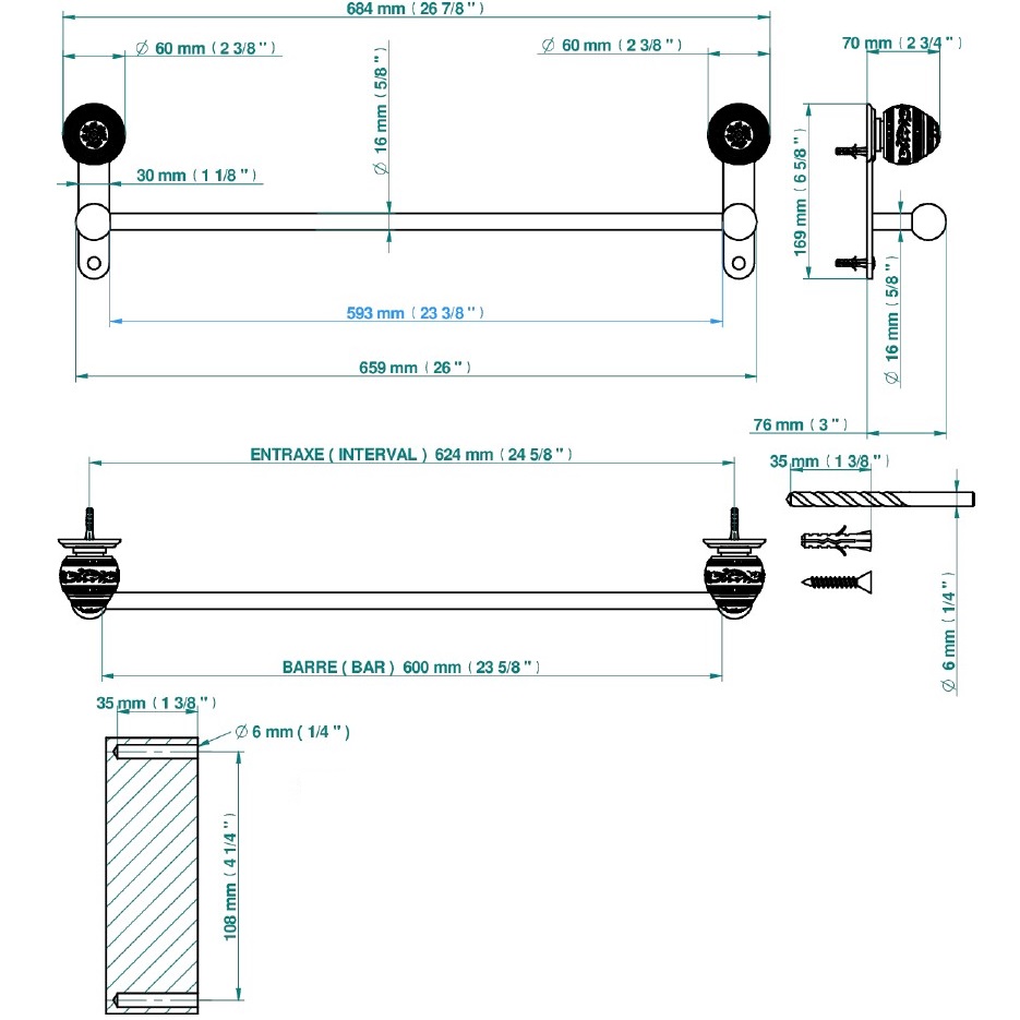 Полотенцедержатель настенный 60см. Marquise platinum decor A7G-A02-514/60 (белый, платина, хром)