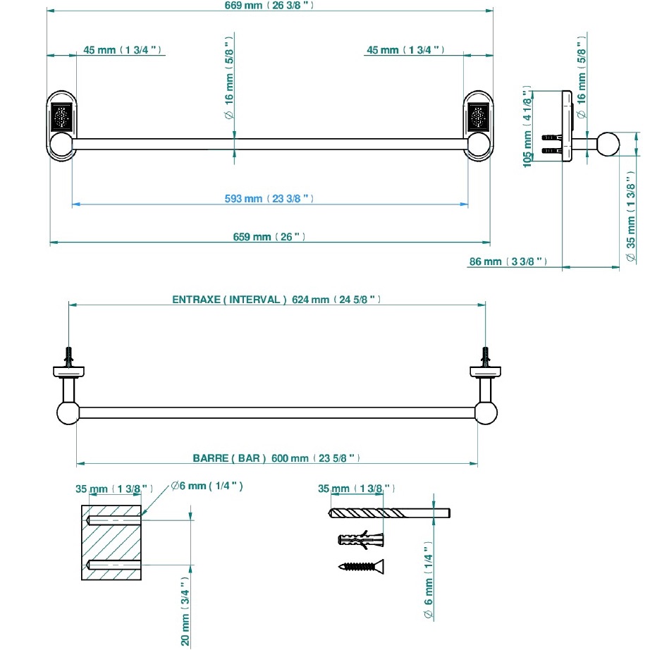 Полотенцедержатель подвесной 60 см. THG Papillon A2J-A02-514/60 (хром, прозрачный хрусталь)