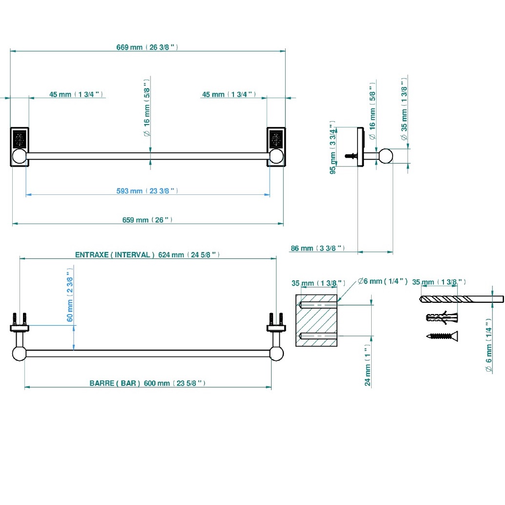 Полотенцедержатель подвесной 60 см. THG Metropolis a manettes cristal clair A2B-A02-514/60 (хром, прозрачный хрусталь)