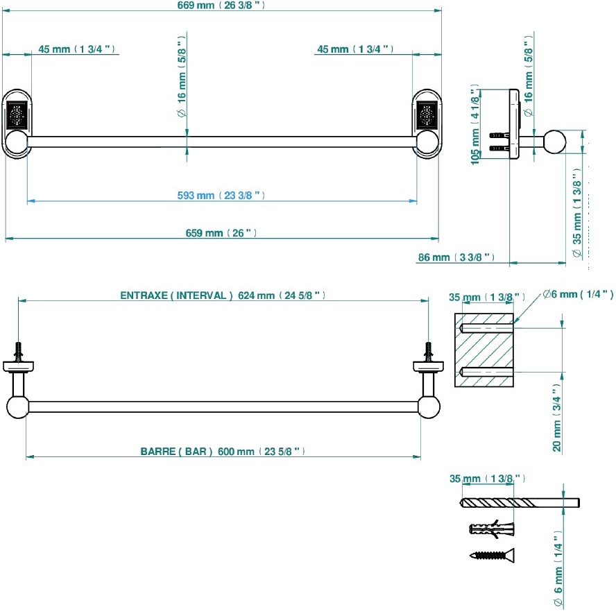 Полотенцедержатель подвесной 60см. THG Oceania A2C-A02-514/60 (хром, прозрачный хрусталь)