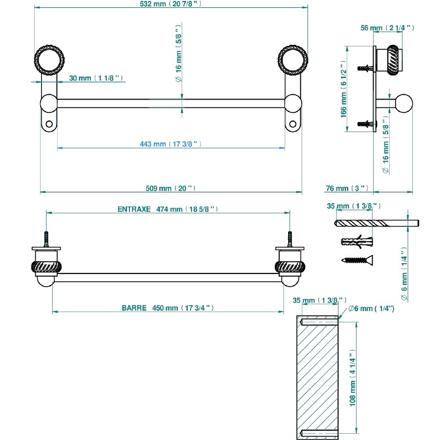 Полотенцедержатель подвесной THG Diplomate Roped Rings 45см U4C-G02-514/45 (хром, золотой)