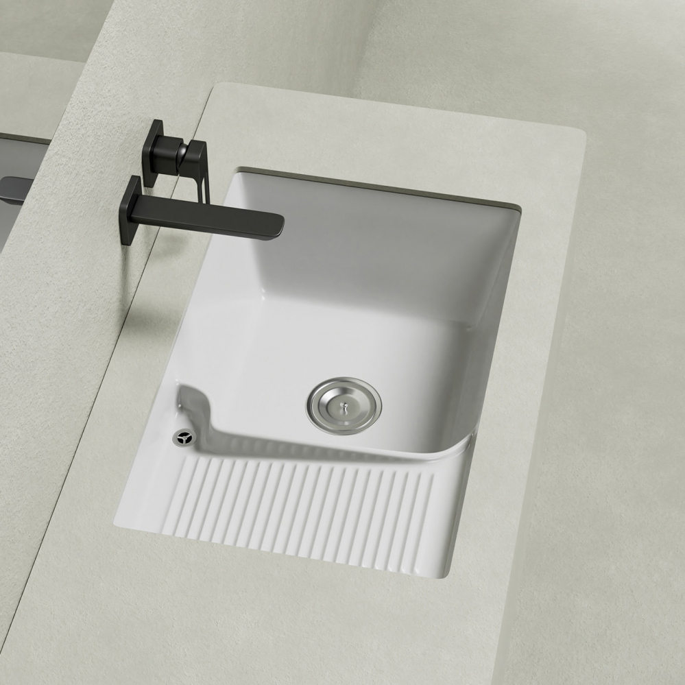 Раковина на стиральную машину Abber Rechteck AC2225L 54х42х18 (белый), встраиваемая снизу, с донным клапаном, левая