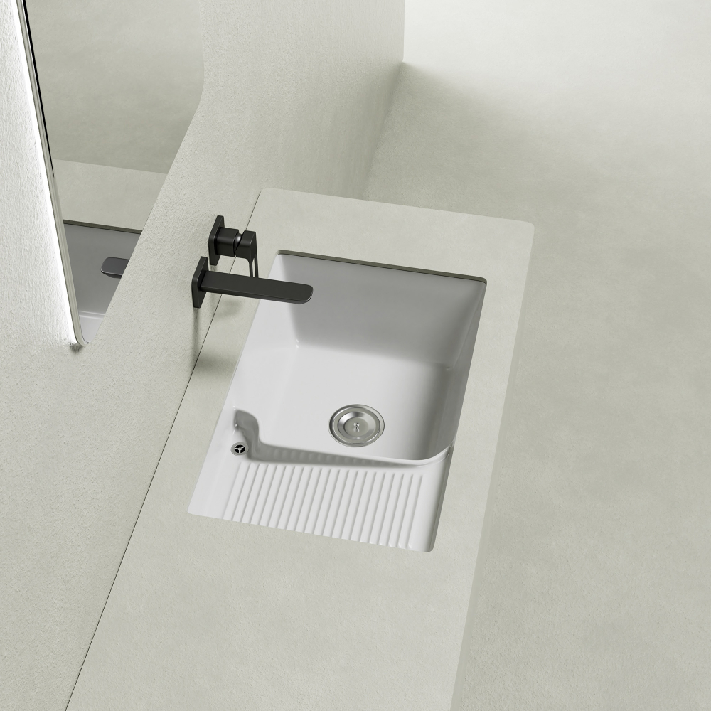 Раковина на стиральную машину Abber Rechteck AC2225L 54х42х18 (белый), встраиваемая снизу, с донным клапаном, левая