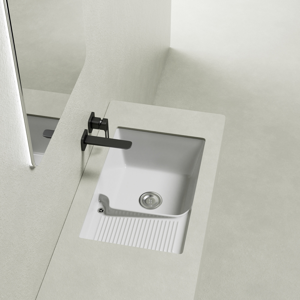 Раковина на стиральную машину Abber Rechteck AC2226L 64х42х18 (белый), встраиваемая снизу, с донным клапаном, левая