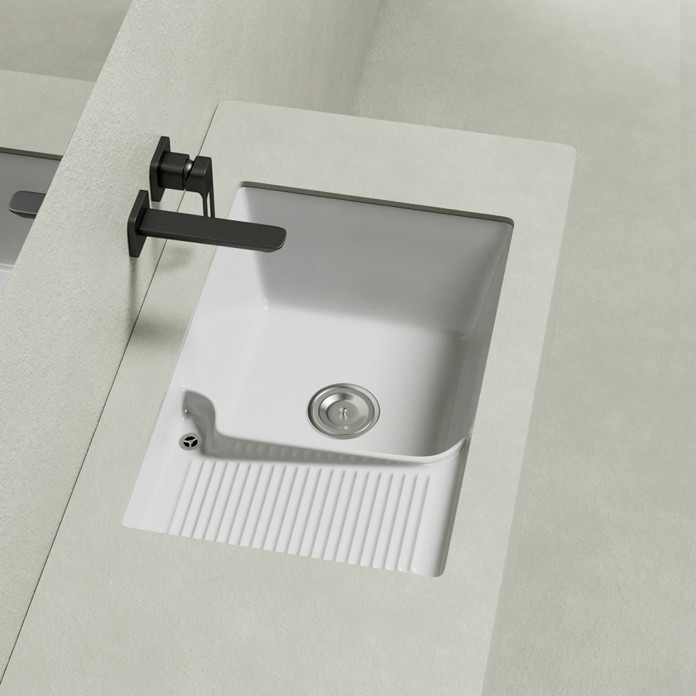 Раковина на стиральную машину Abber Rechteck AC2226L 64х42х18 (белый), встраиваемая снизу, с донным клапаном, левая