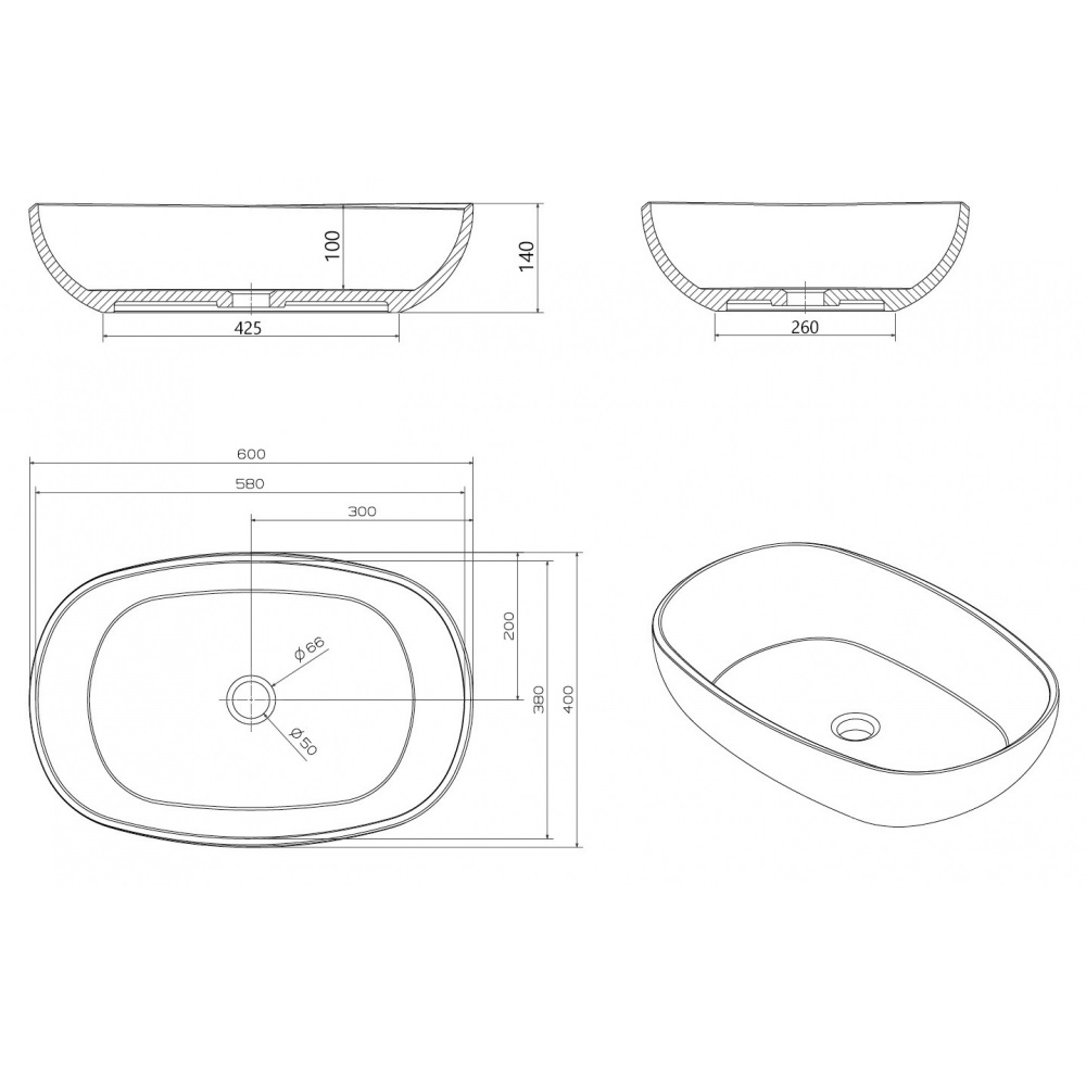 Раковина накладная Abber Kristall AT2805Saphir 60х40х15,5 (синий)