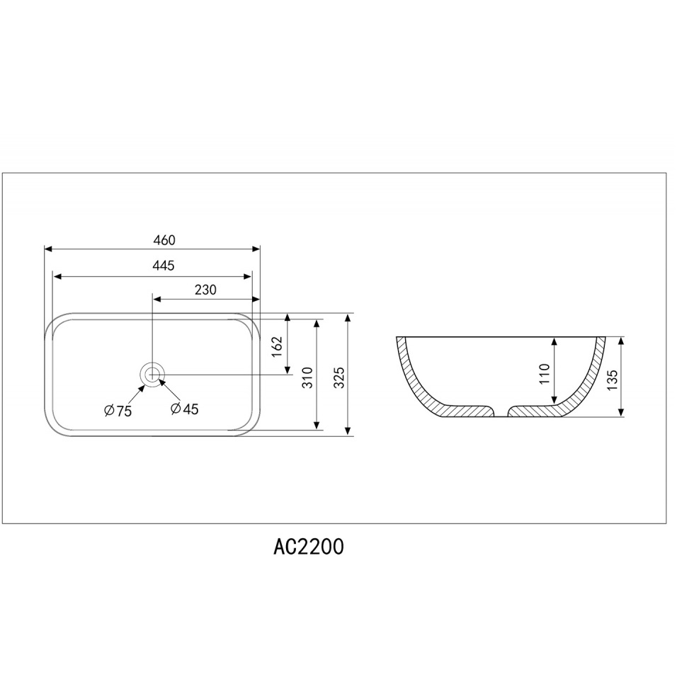 Раковина накладная Abber Rechteck AC2200GS 46x32,5x13,5 (серебряный)