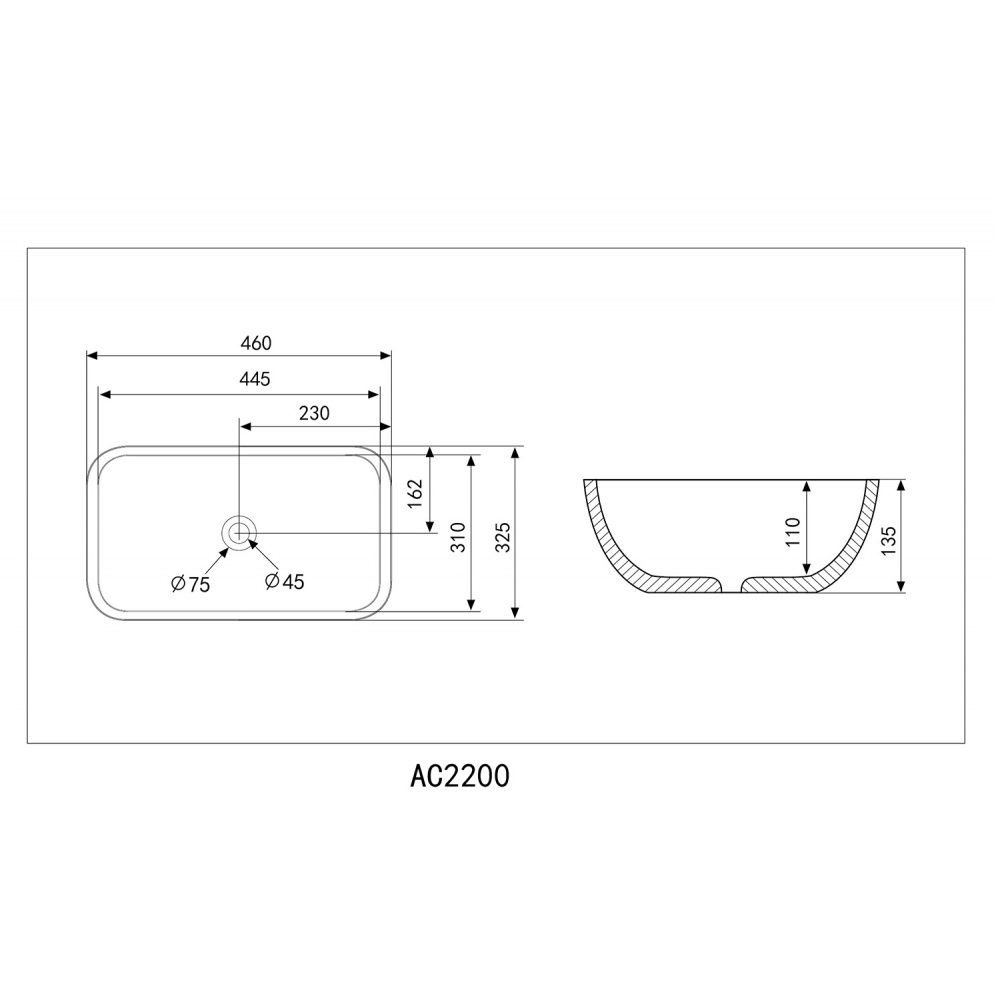 Раковина накладная Abber Rechteck AC2200MB 46x32,5x13,5 (черный матовый)