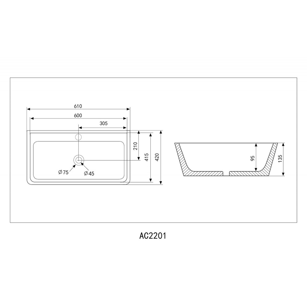 Раковина накладная Abber Rechteck AC2201MB 61x42x13,5 (черный матовый)