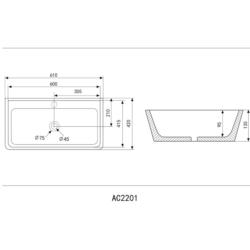 Раковина накладная Abber Rechteck AC2201MB 61x42x13,5 (черный матовый)