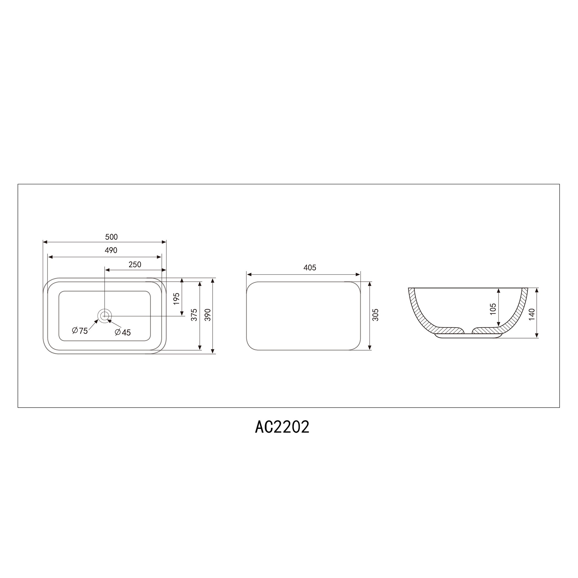 Раковина накладная Abber Rechteck AC2202MB 50x39x14 (черный матовый)