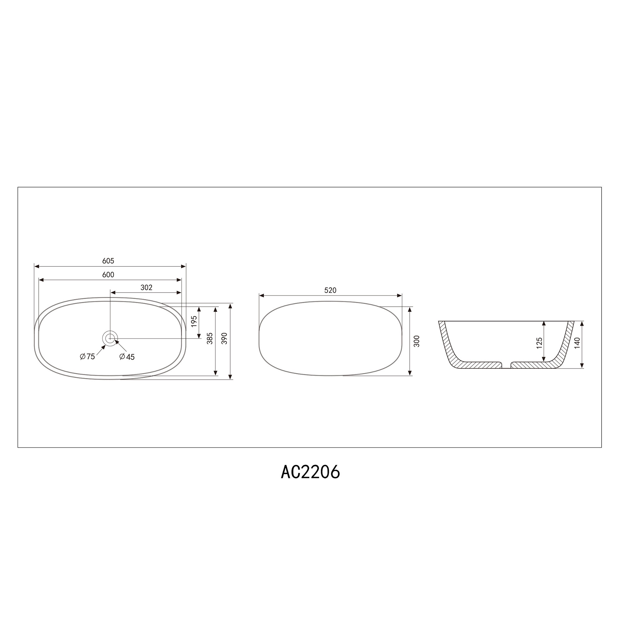 Раковина накладная Abber Rechteck AC2206 60,5x39x14 (белый)