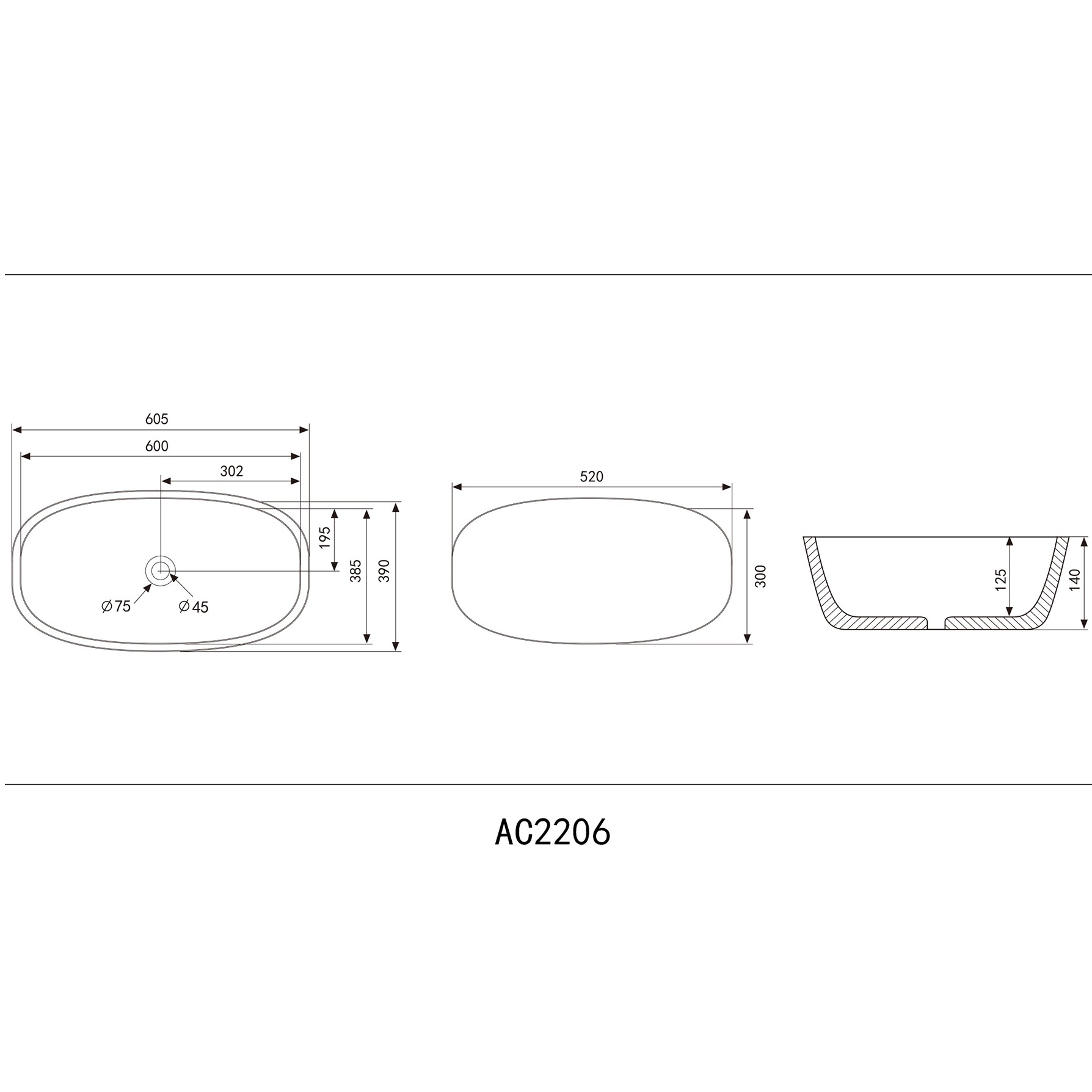 Раковина накладная Abber Rechteck AC2206 60,5x39x14 (белый)