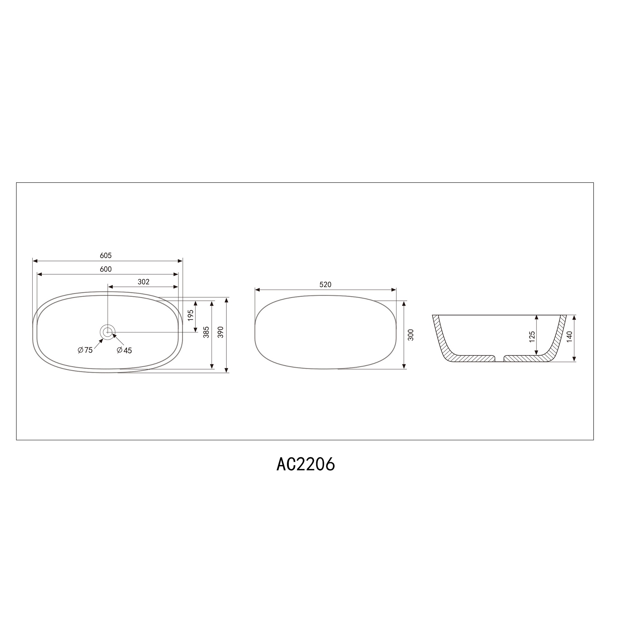 Раковина накладная Abber Rechteck AC2206MB 60,5x39x14 (черный матовый)