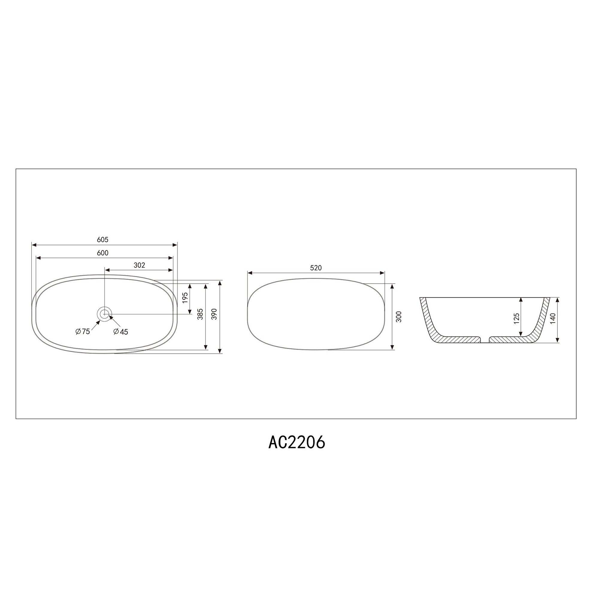 Раковина накладная Abber Rechteck AC2206MG 60,5x39x14 (серый матовый)