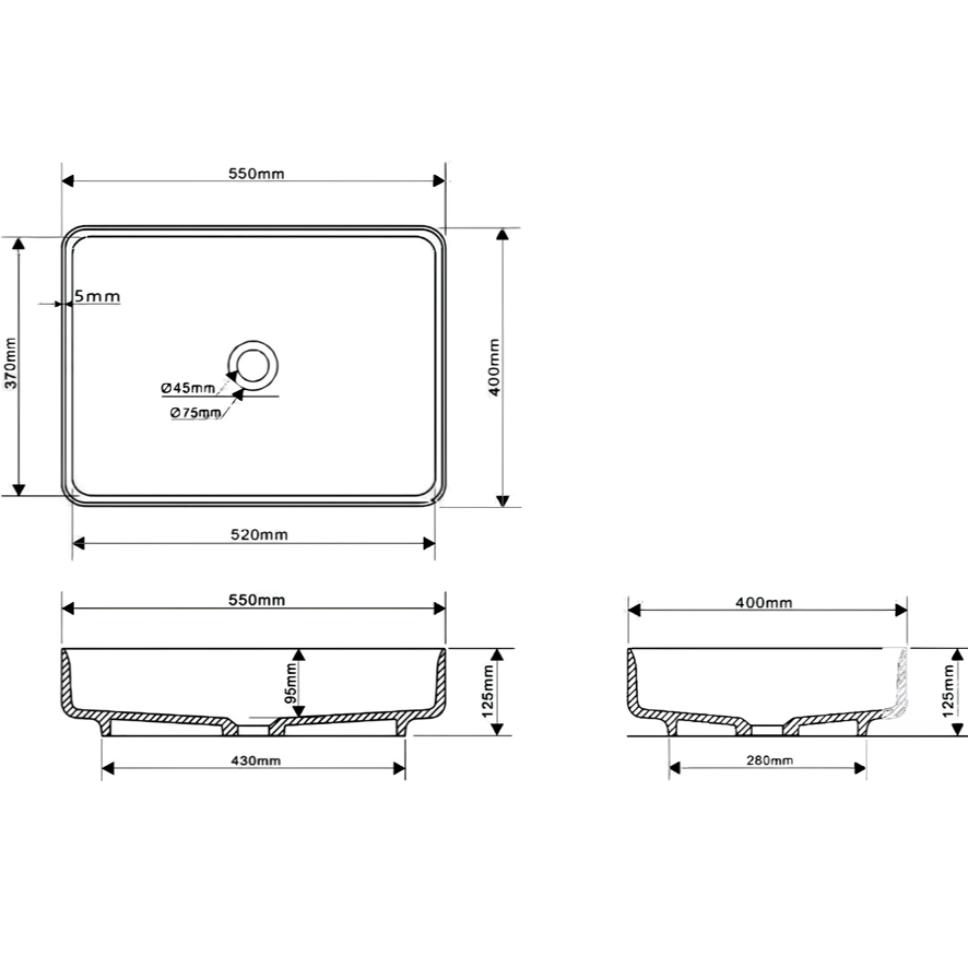Раковина накладная Abber Stein AS2629 55x40x12.5 (белый матовый), искусственный камень