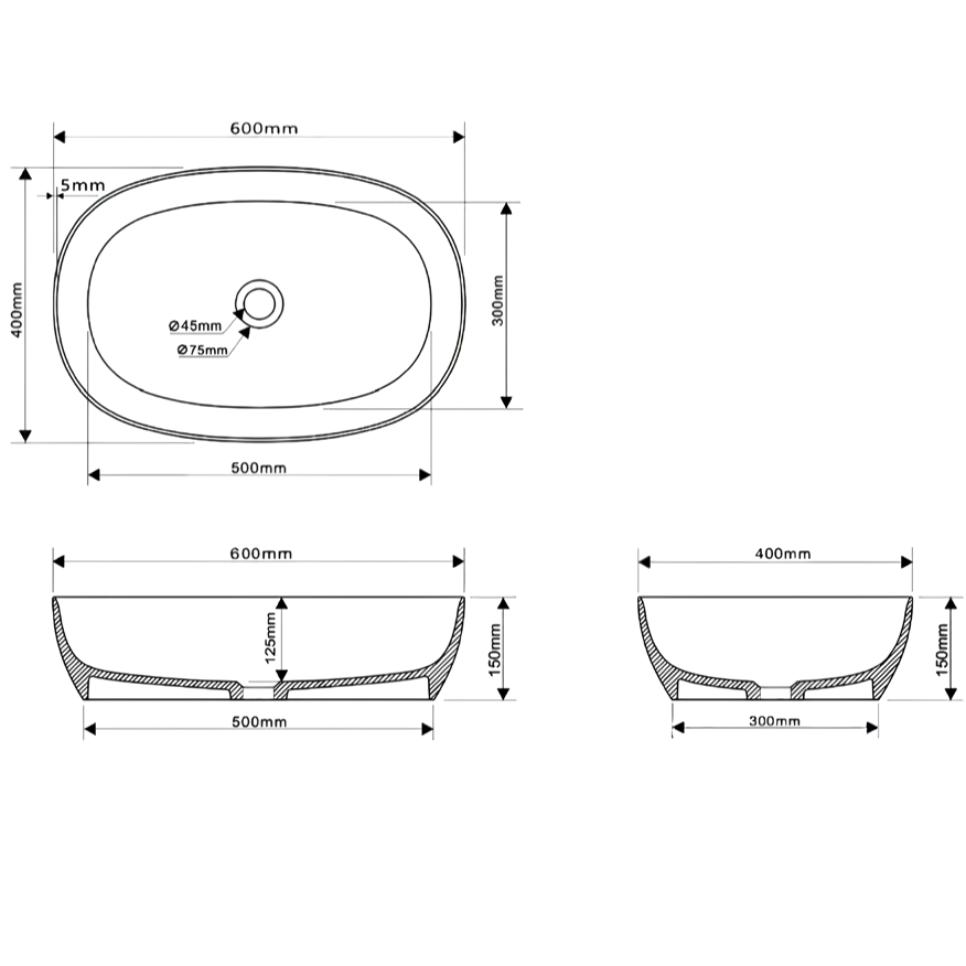 Раковина накладная Abber Stein AS2633 60x40x15 (белый матовый), искусственный камень