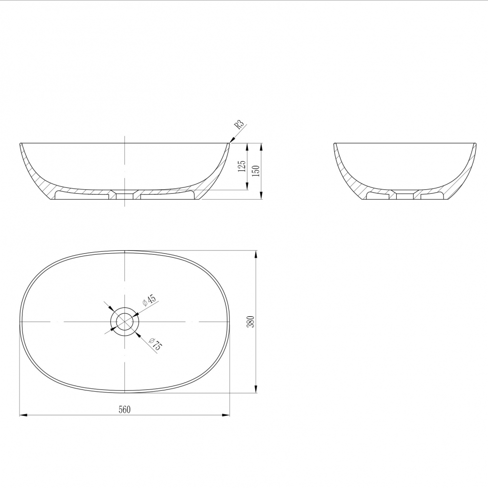 Раковина накладная Abber Stein AS2636 56x38x15 (белый матовый), искусственный камень
