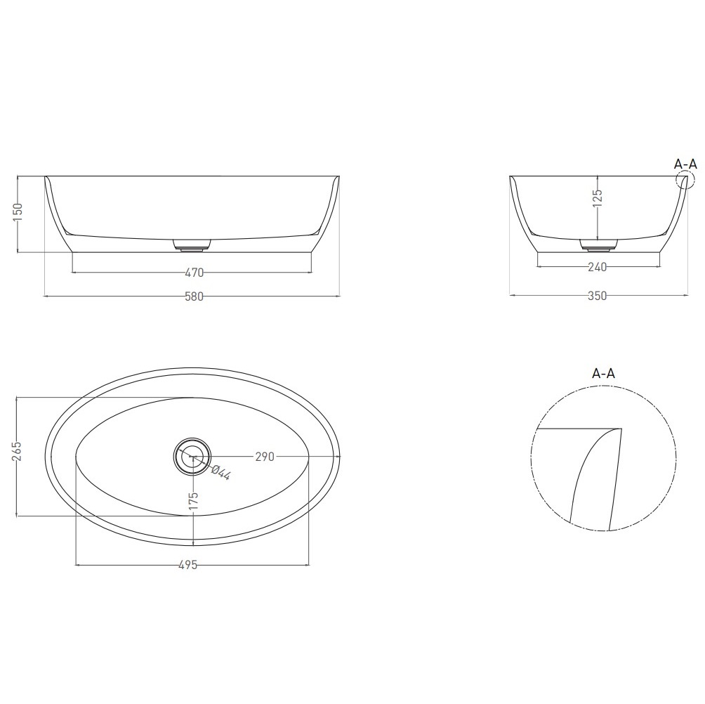 Раковина накладная Salini S-Sense Alda 01 110611GRF 58х35х15 (покраска полностью), без донного клапана