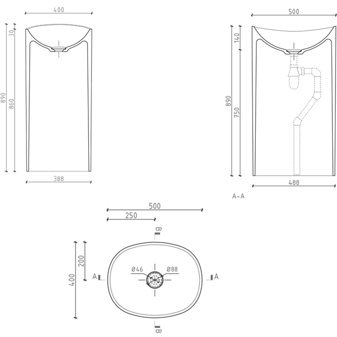 Раковина напольная 40x40x89 см, Whitecross Stella 50x40 0707.050040.200 (белый матовый), иск. камень