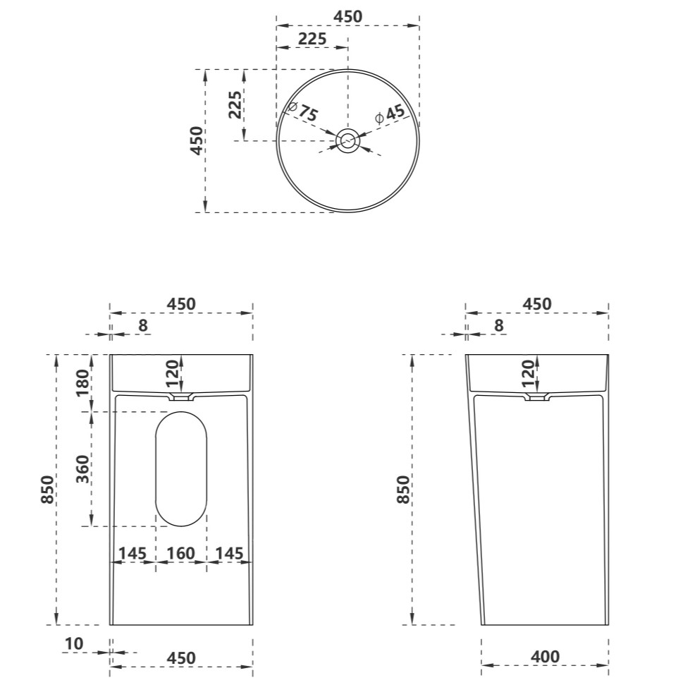 Раковина напольная Abber Stein AS2506-H 45x45x85 (белый матовый), с отверстием для монтажа, искусственный камень