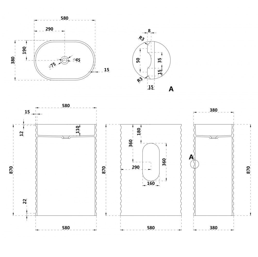 Раковина напольная Abber Stein AS2550-H 58x38x87 (белый матовый), с отверстием для монтажа, искусственный камень