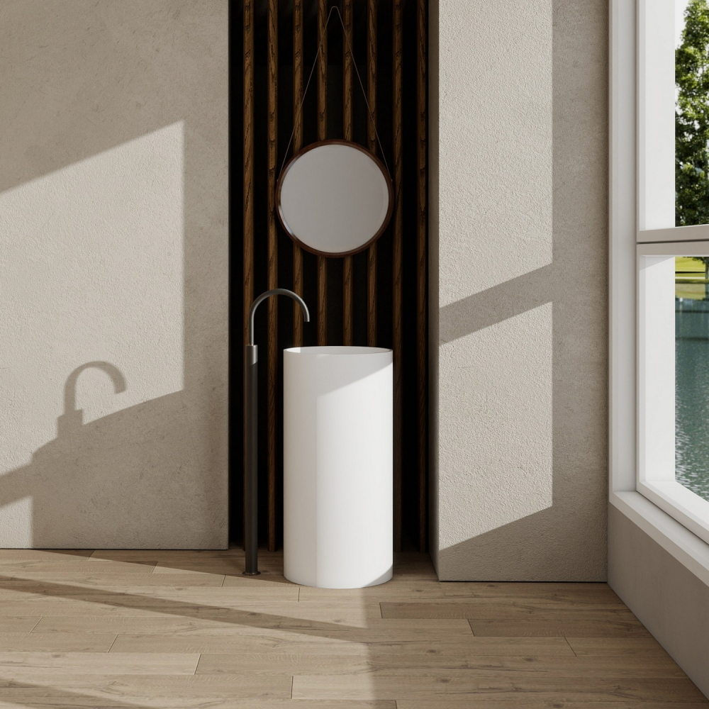 Раковина отдельностоящая Abber Stein AS2516-H 40x40x85 (белый матовый), с отверстием для монтажа, искусственный камень