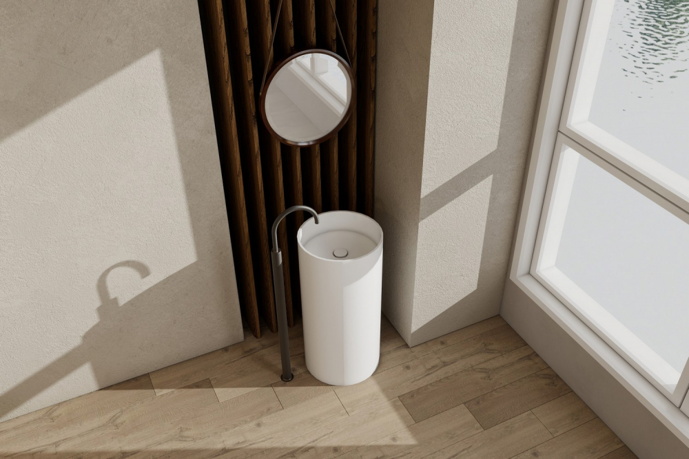 Раковина отдельностоящая Abber Stein AS2516-H 40x40x85 (белый матовый), с отверстием для монтажа, искусственный камень