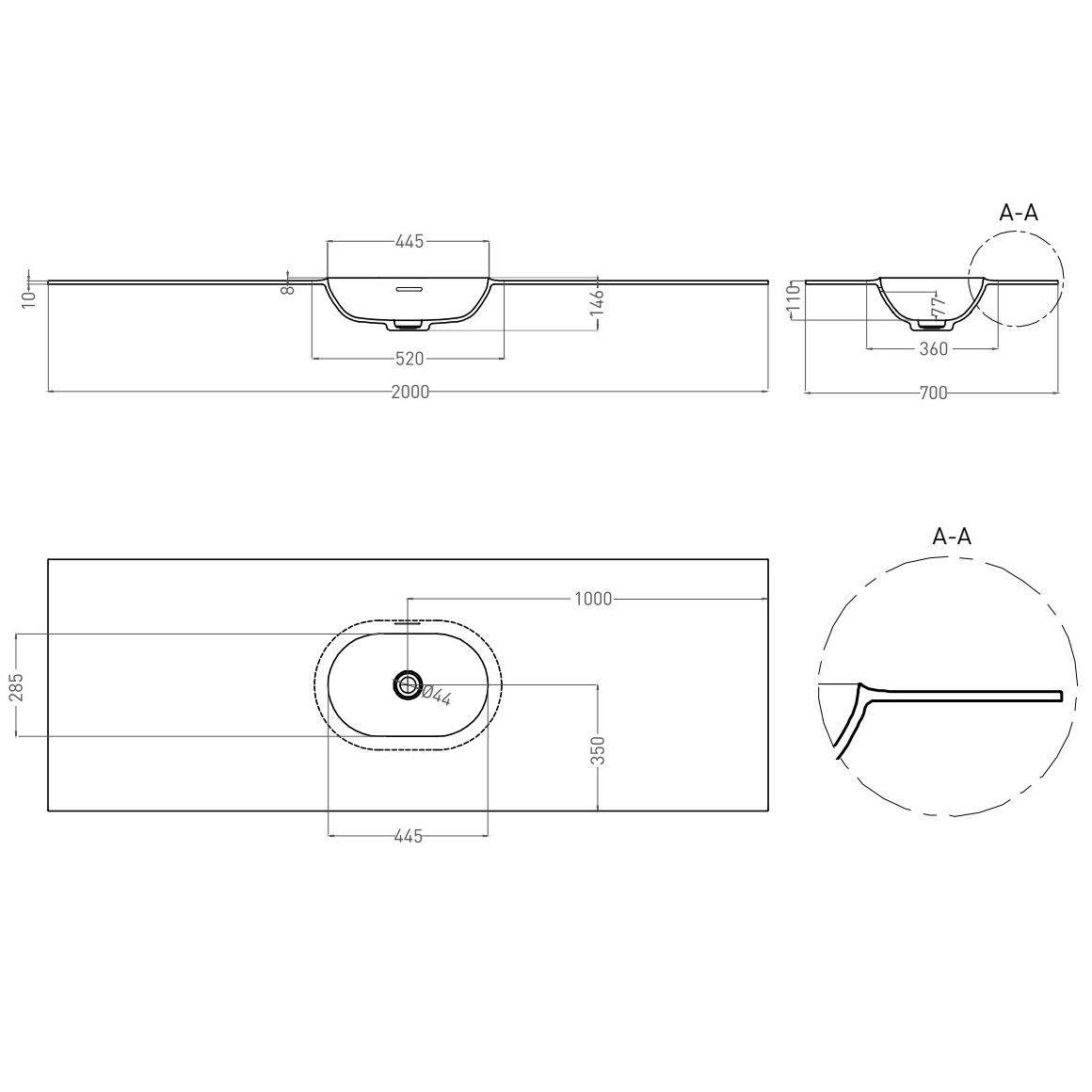 Раковина подвесная Salini S-Stone Onda Edge Oval 14022041M 200x70x14.6 (белый матовый), с донным клапаном