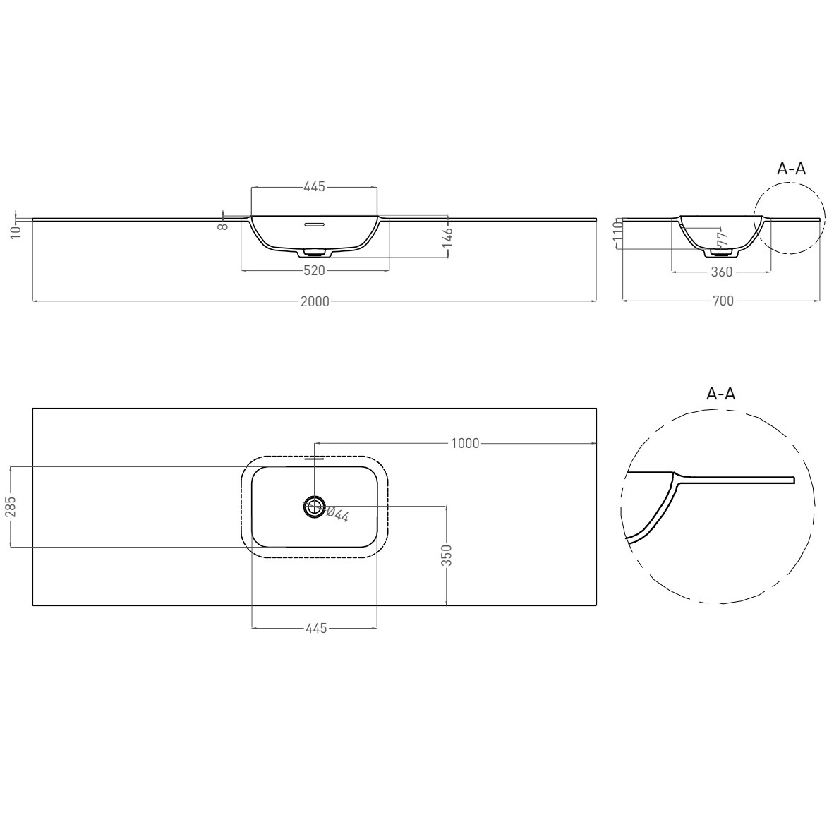 Раковина подвесная Salini S-Stone Onda Edge Round 14022051M 200x70x14.6 (белый матовый), с донным клапаном