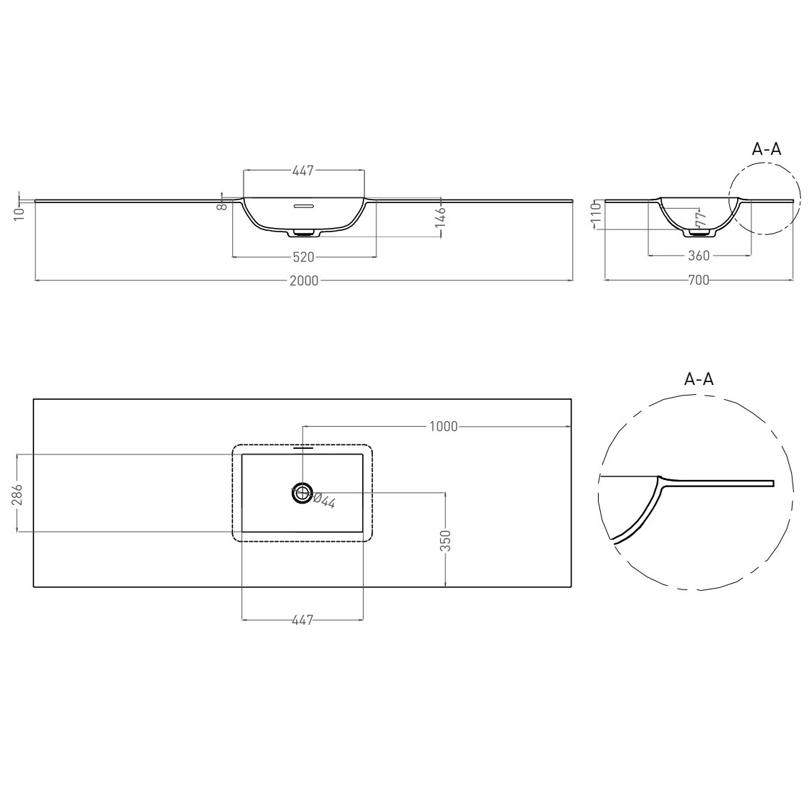 Раковина подвесная Salini S-Stone Onda Edge Square 14022061M 200x70x14.6 (белый матовый), с донным клапаном