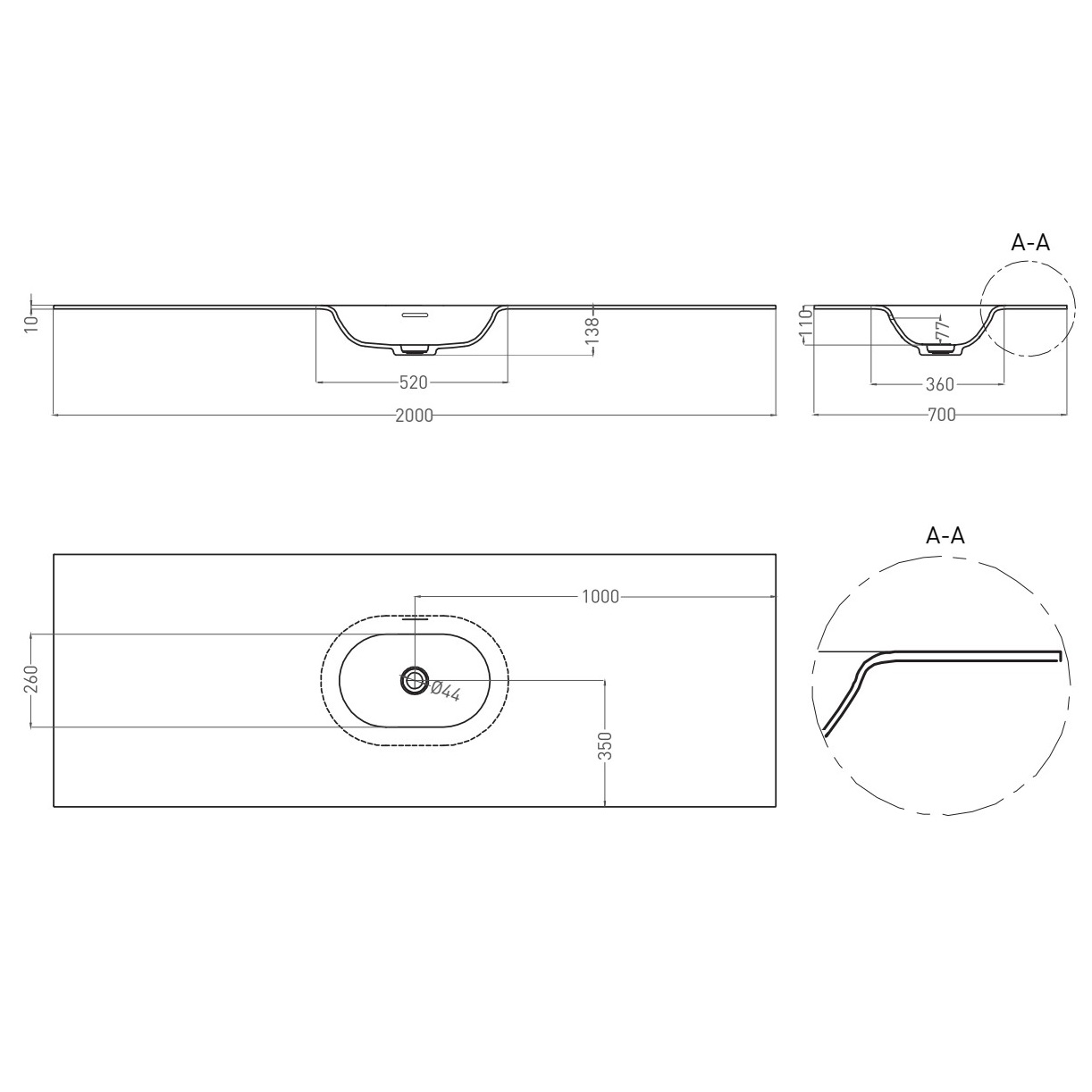 Раковина подвесная Salini S-Stone Onda Flow Oval 1402204MRF 200x70x13.8 (покраска по RAL полностью, матовый), с донным клапаном