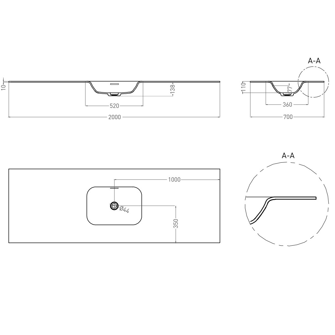 Раковина подвесная Salini S-Stone Onda Flow Round 1402205M 200x70x13.8 (белый матовый), с донным клапаном