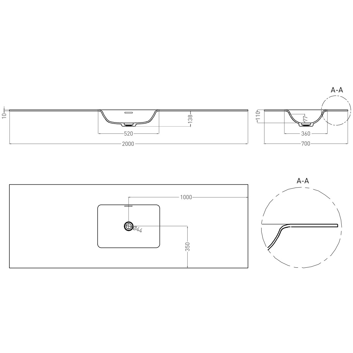 Раковина подвесная Salini S-Stone Onda Flow Square 1402206M 200x70x13.8 (белый матовый), с донным клапаном