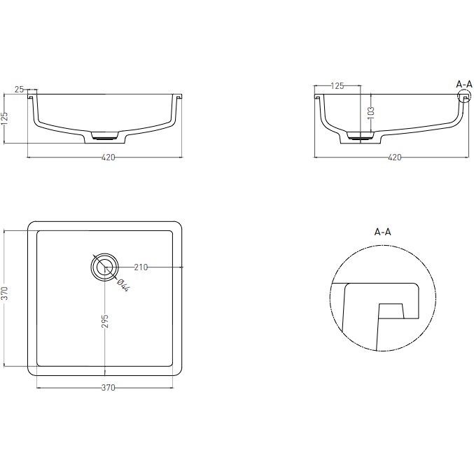 Раковина встраиваемая Salini Marea S-Stone 1802207MF 42x42x12.5 (покраска RAL полностью, матовый), без донного клапана