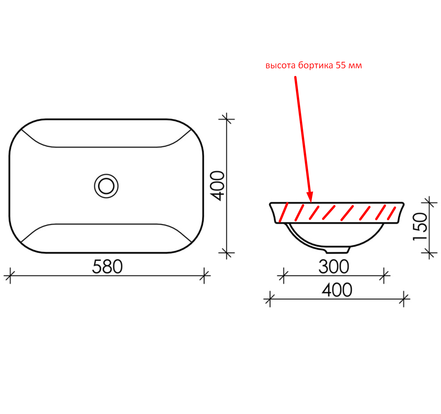 Раковина встраиваемая Ceramica Nova Element CN6041 58x40 (белый), без донного клапана