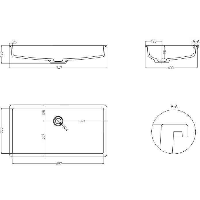 Раковина встраиваемая Salini Marea S-Sense 1802110GF 74.7x40x13 (покраска RAL полностью, глянцевый), без донного клапана