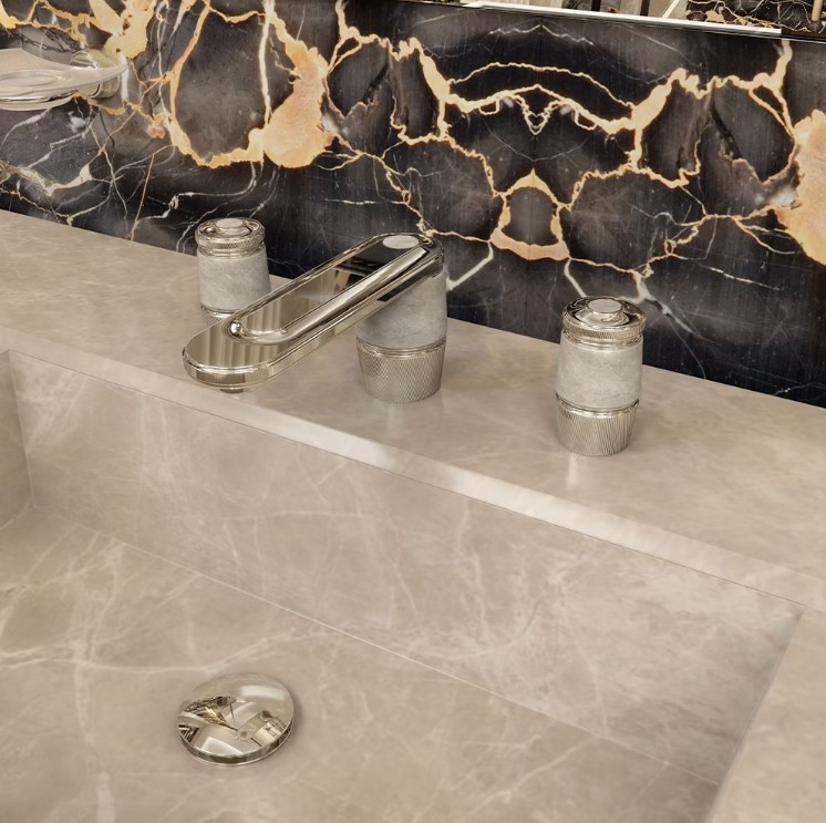 Смеситель для раковины THG Corvair Fior di Bosco U8K-F01-151M (золотой), с донным клапаном, на мраморную столешницу