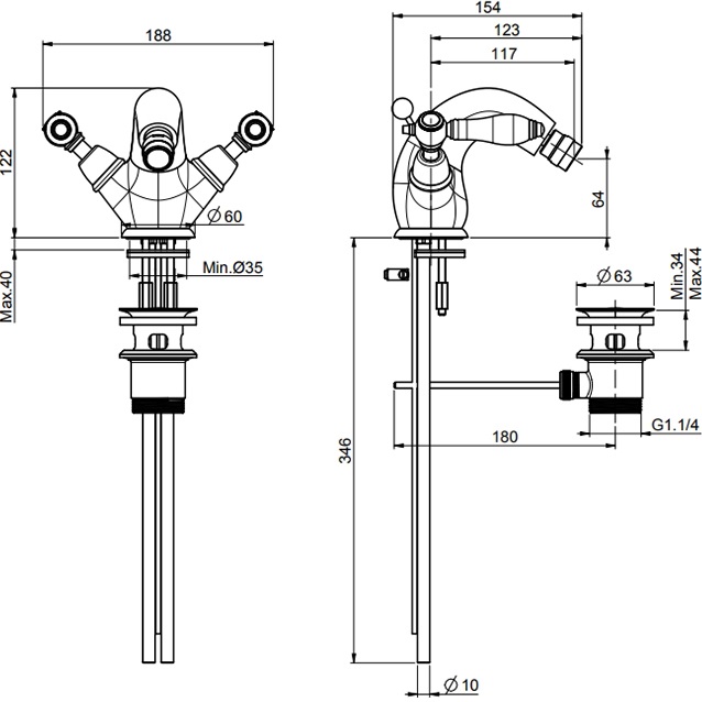 Смеситель для биде Fima Carlo Frattini Herend F5432CNCR (хром, черные ручки), с донным клапаном