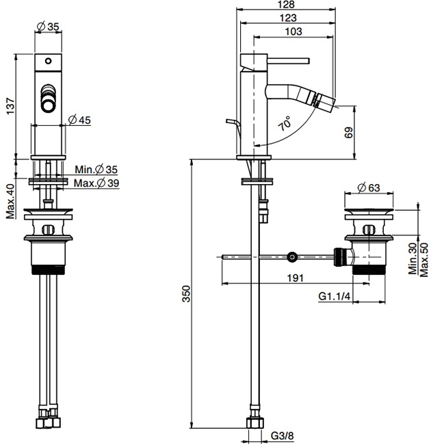 Смеситель для биде Fima Carlo Frattini Spillo Up F3032XSPNS (черный матовый), с донным клапаном