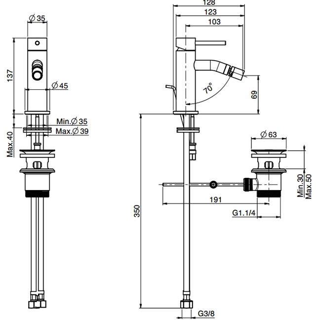 Смеситель для биде Fima Carlo Frattini Spillo Up XS F3032XSNS (черный матовый), с донным клапаном