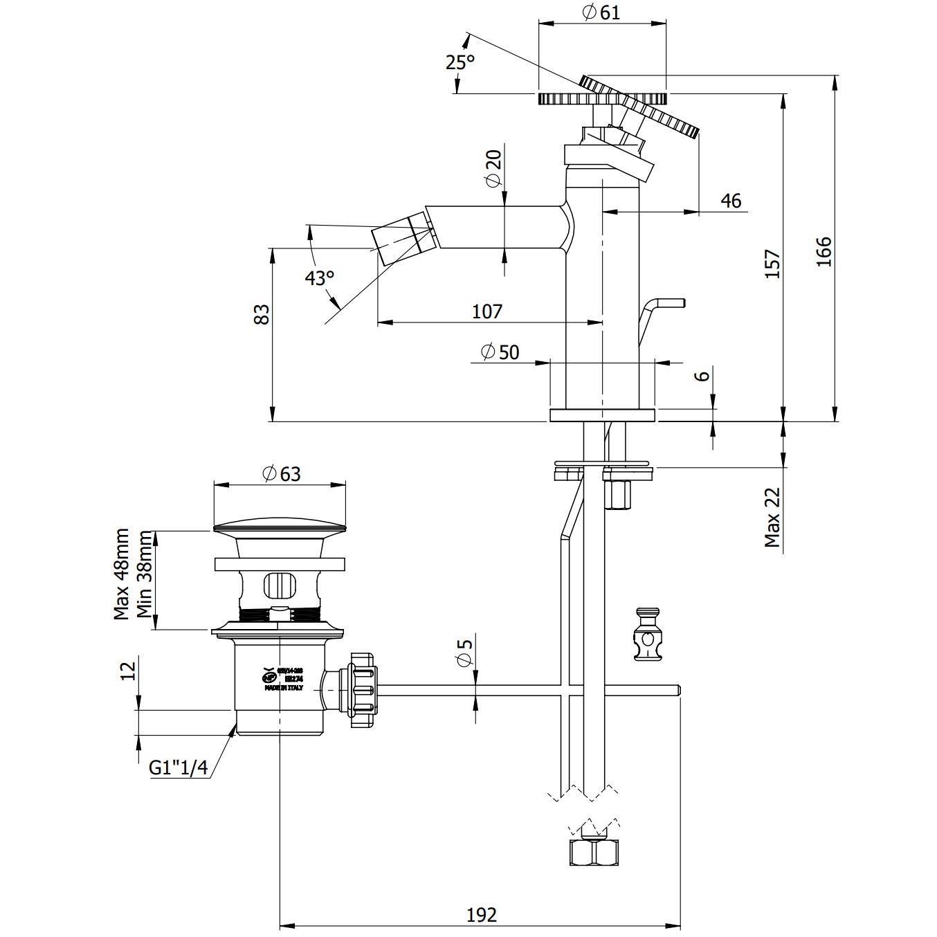 Смеситель для биде Remer Chrono CH20BG (золото брашированное), с донным клапаном