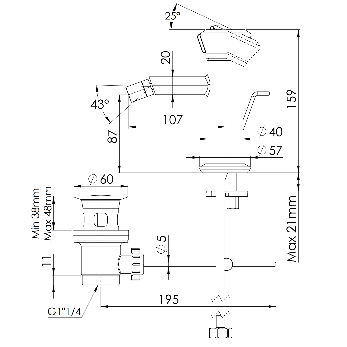 Смеситель для биде Remer Element ET20NO (черный матовый), с донным клапаном