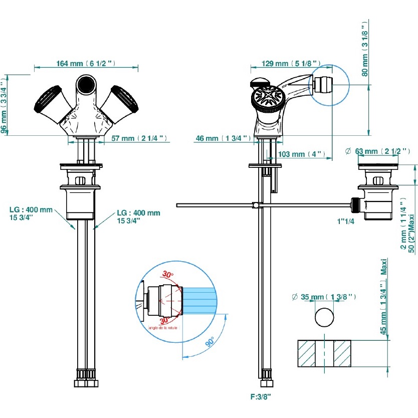 Смеситель для биде THG Hirondelles A4J-A02-3202 (хром, прозрачный), с донным клапаном