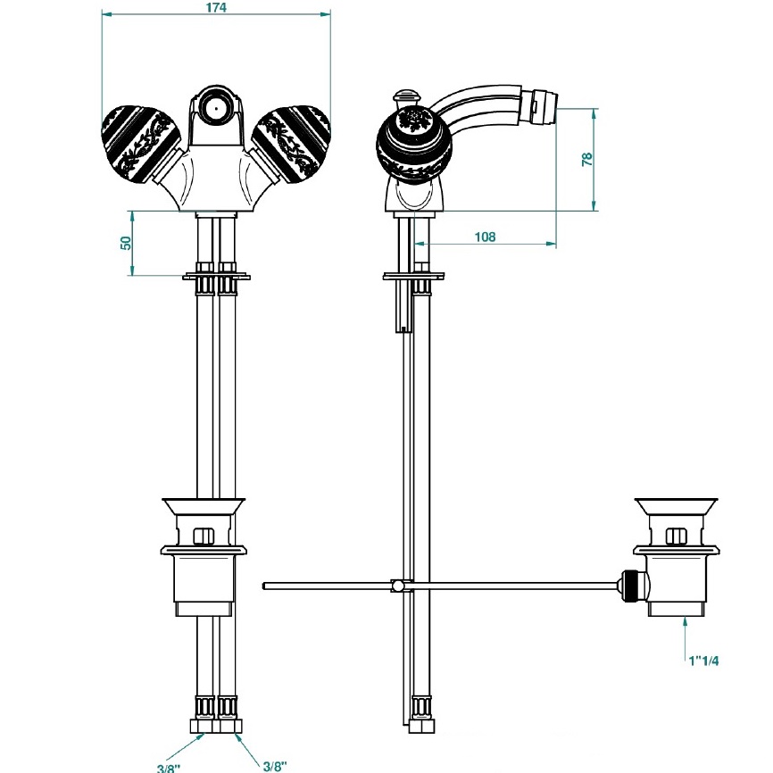 Смеситель для биде THG Marquise porcelaine noire A7F-F01-3202 (золотой, черный фарфор), с донным клапаном